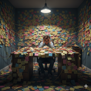 Un homme assi à son bureau au milieu des post-it