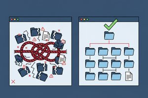 Dessin d'un explorateur de fichiers avec une structure de dossiers bien organisée d'un côté et mal organisé de l'autre