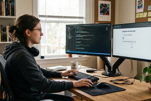 Code JavaScript sur fond sombre avec une case à cocher illustrant la détection d'état d'une checkbox